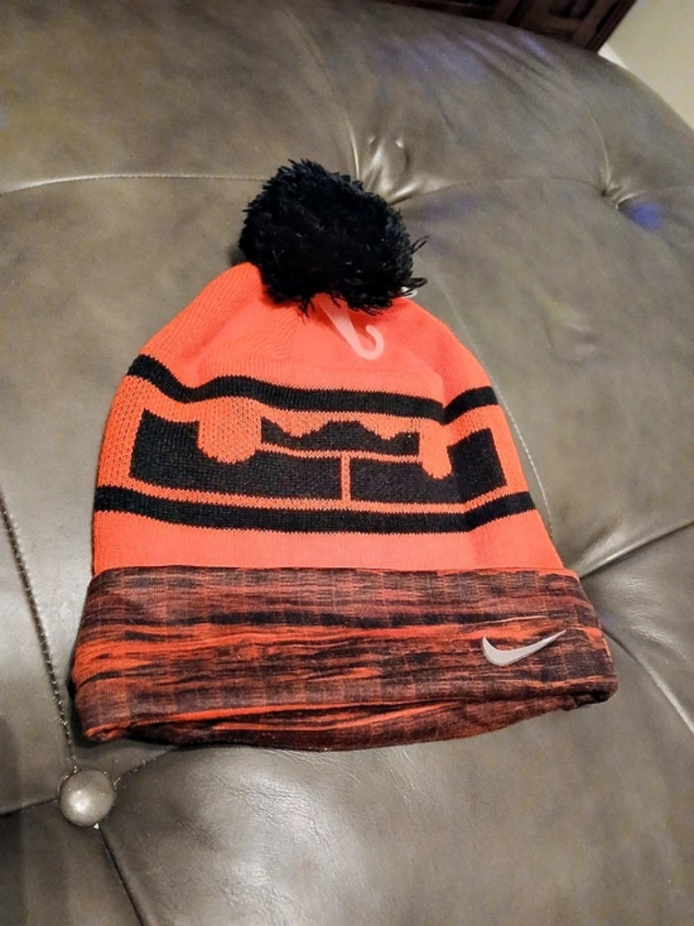 Nike LeBron James Winter Knit Pom Beanie Orange & Black